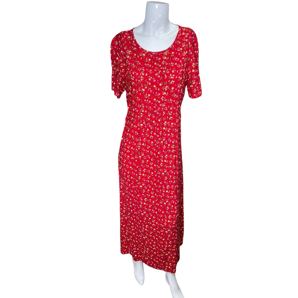 Vintage Red Maxi Floral Pleated Long Shift Dress Erika Studio Size Medium